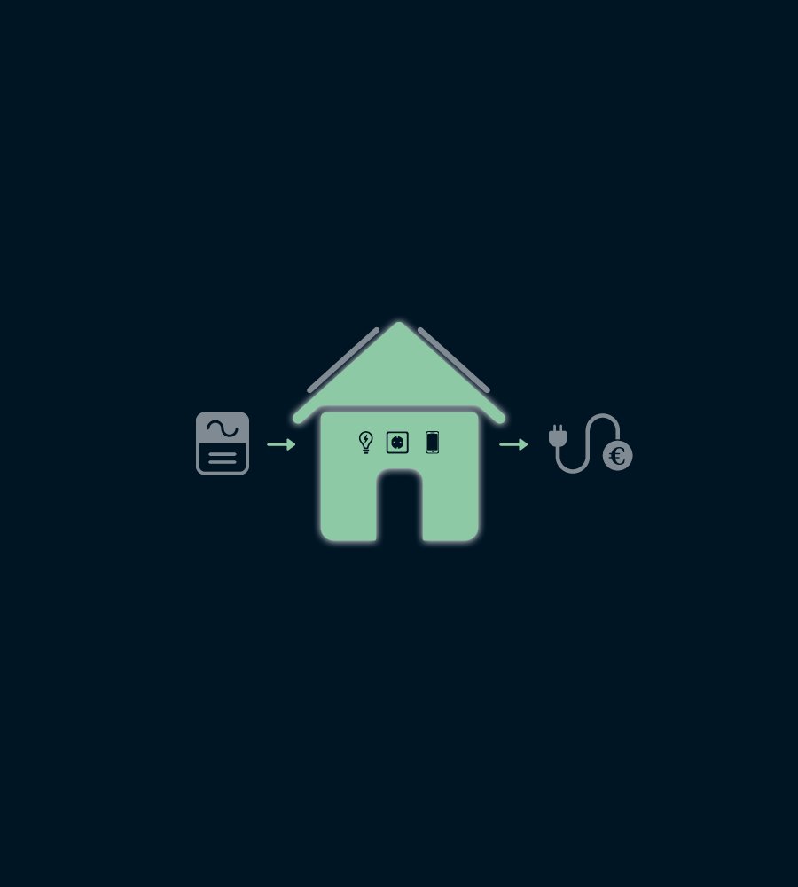 Grafische Darstellung eines Hauses mit grüner Füllung. Links führt ein Pfeil von einem Stromsymbol ins Haus, im Inneren sind Symbole für Lampe, Steckdose und Smartphone dargestellt. Rechts führt ein Pfeil hinaus zu einem Stecker mit Euro-Zeichen. Dunkler
