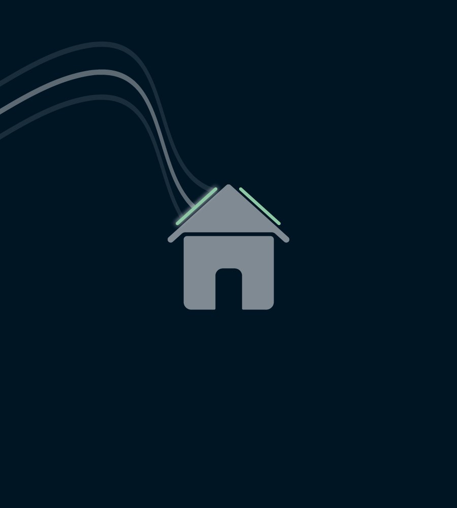 Minimalistische Illustration eines grauen Hauses mit grün leuchtenden Linien auf dem Dach. Drei geschwungene Kabel oder Leitungen führen von links oben in das Haus hinein. Dunkelblauer Hintergrund.