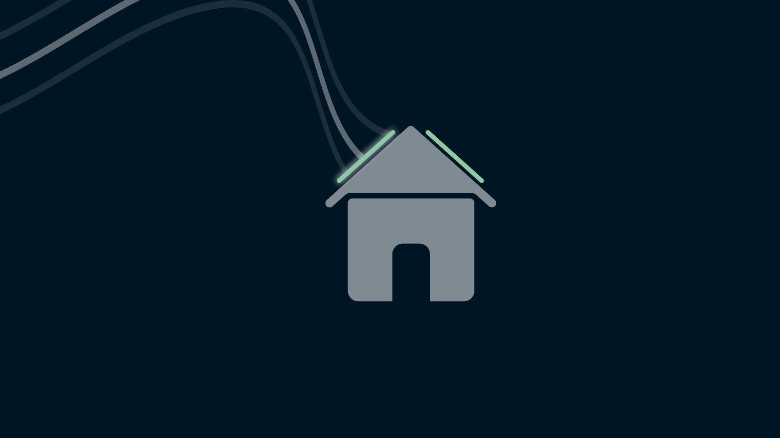 Minimalistische Illustration eines grauen Hauses mit grün leuchtenden Linien auf dem Dach. Drei geschwungene Kabel oder Leitungen führen von links oben in das Haus hinein. Dunkelblauer Hintergrund.